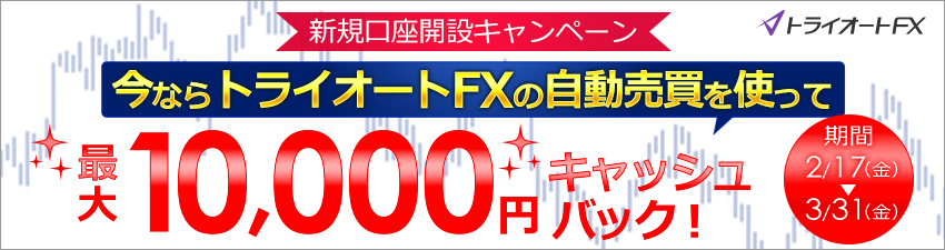 新規口座開設キャンペーン
トライオートFXの自動売買を使って最大1万円キャッシュバック　
