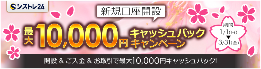 シストレ24新春新規口座開設最大1万円キャッシュバックキャンペーン　2017年2月28日(火)まで