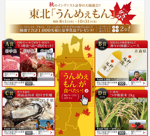 秋のインヴァスト証券の大抽選会 「東北うんめぇもん祭」