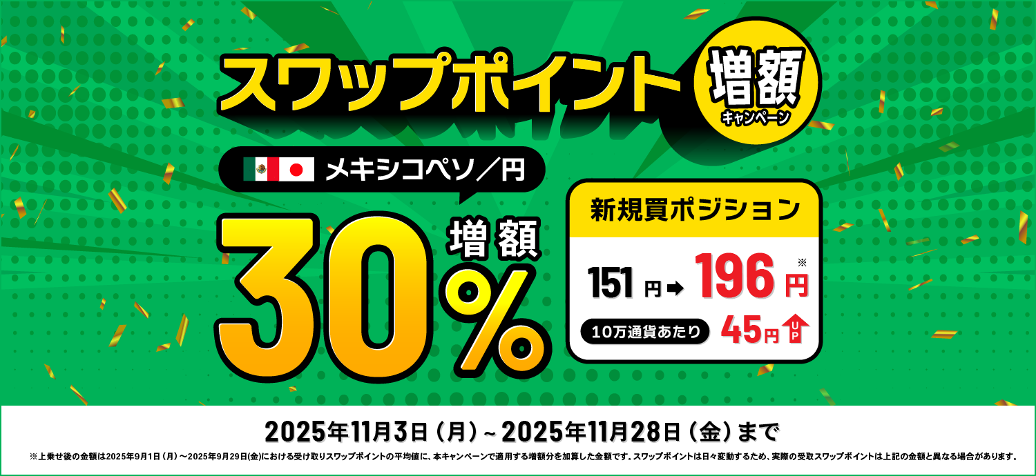 メキシコペソ円スワップポイント30%増額キャンペーントライオートFX