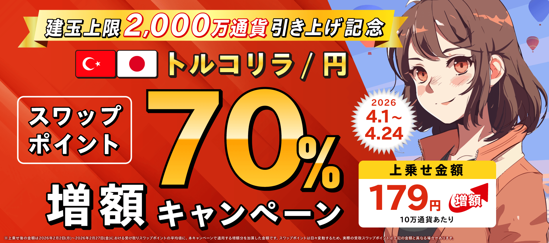 建玉上限2,000万通貨引き上げ記念　トルコリラ/円スワップポイント70%増額キャンペーン