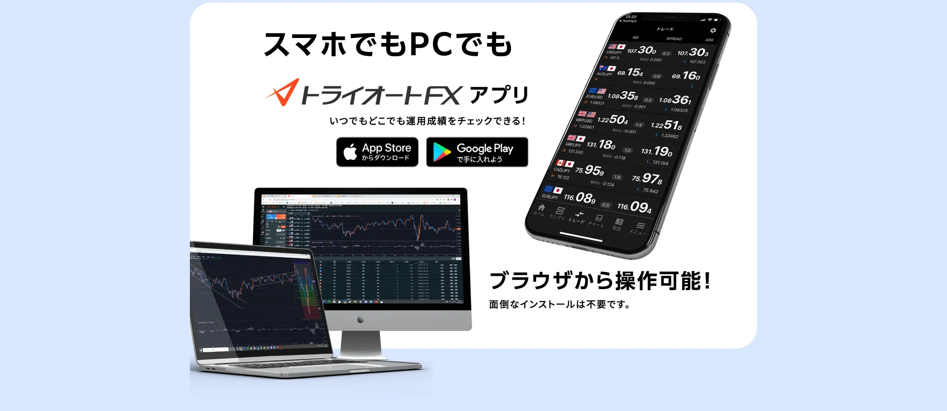 スマホでもPCでも。トライオートFXアプリ。いつでもどこでも運用成績をチェックできる。ブラウザから操作可能！面倒なインストールは不要です。