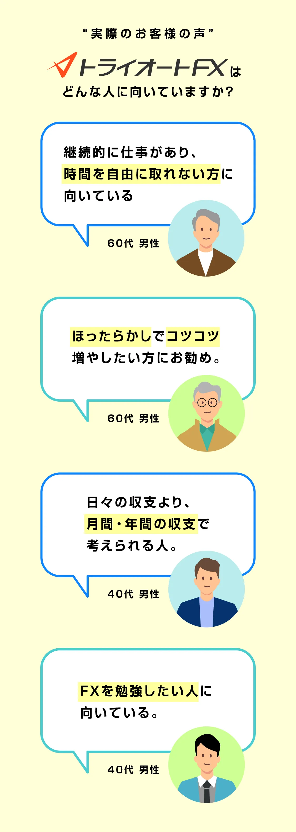 “実際のお客様の声” トライオートFXはどんな人に向いていますか？