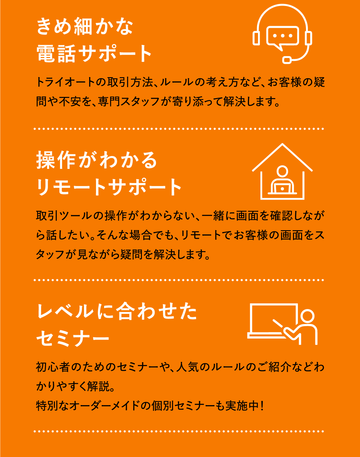 きめ細かな電話サポート 操作がわかるリモートサポート レベルに合わせたセミナー