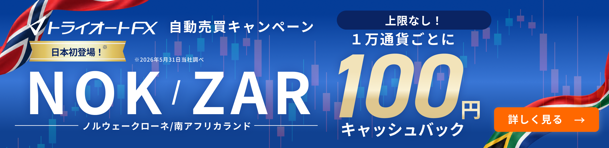 ノルウェークローネ／南アフリカランド（NOK/ZAR）自動売買無制限キャッシュバックキャンペーン