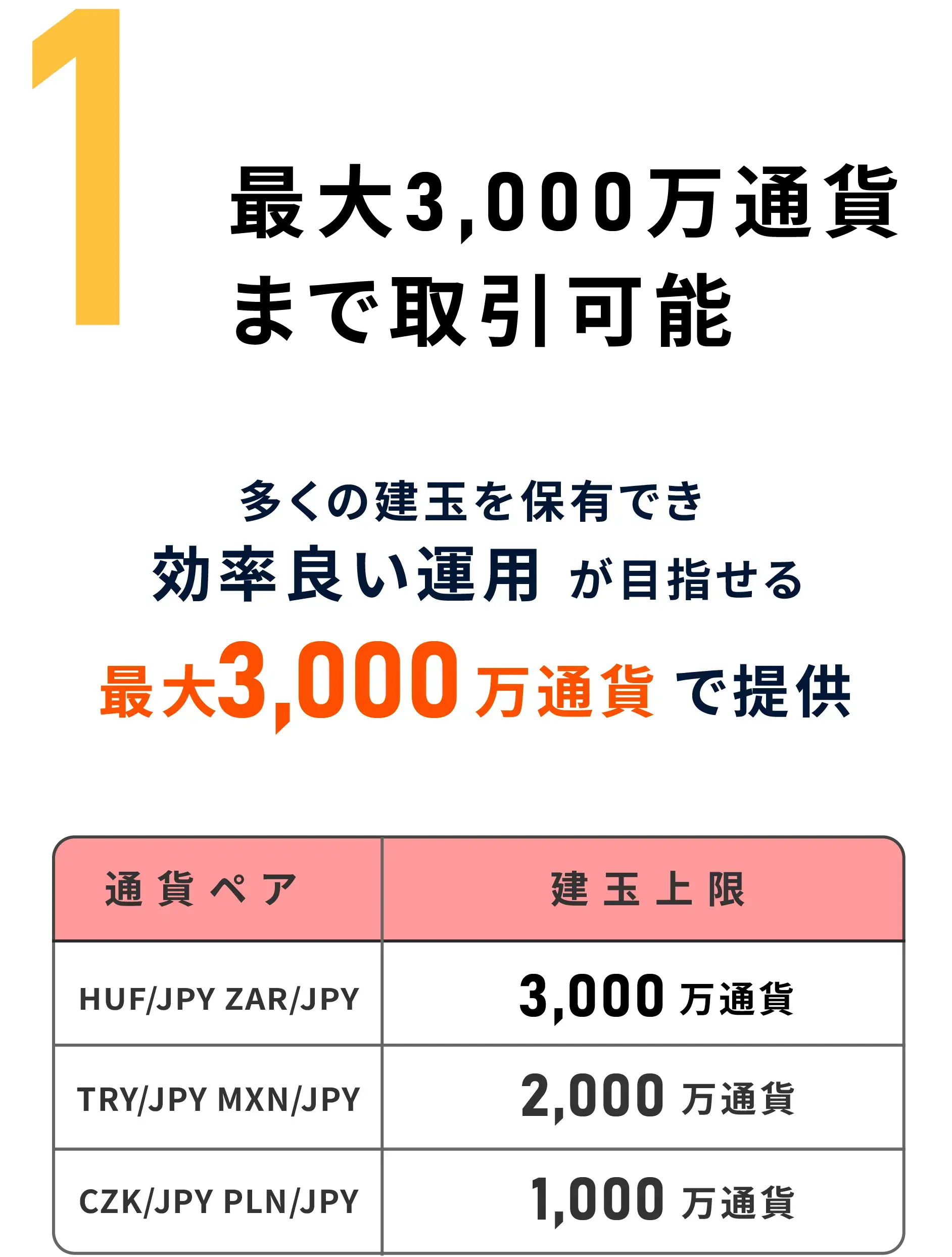 最大3,000万通貨まで取引可能 多くの建玉を保有でき 効率良い運用 が目指せる最大3,000万通貨で提供