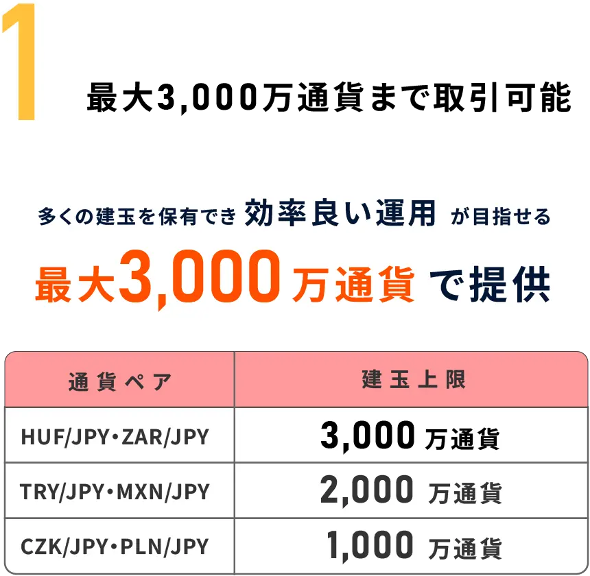 最大3,000万通貨まで取引可能 多くの建玉を保有でき 効率良い運用 が目指せる最大3,000万通貨で提供