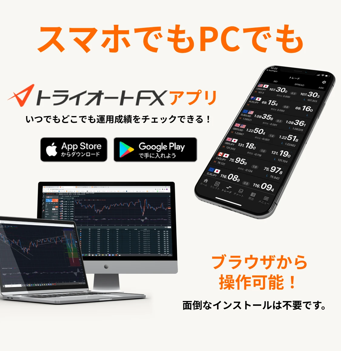 スマホでもPCでもトライオートFXアプリ いつでもどこでも運用成績をチェックできる！ ブラウザから操作可能！