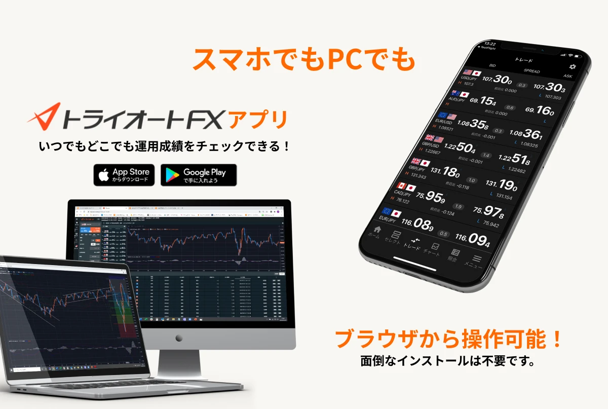 スマホでもPCでもトライオートFXアプリ いつでもどこでも運用成績をチェックできる！ ブラウザから操作可能！