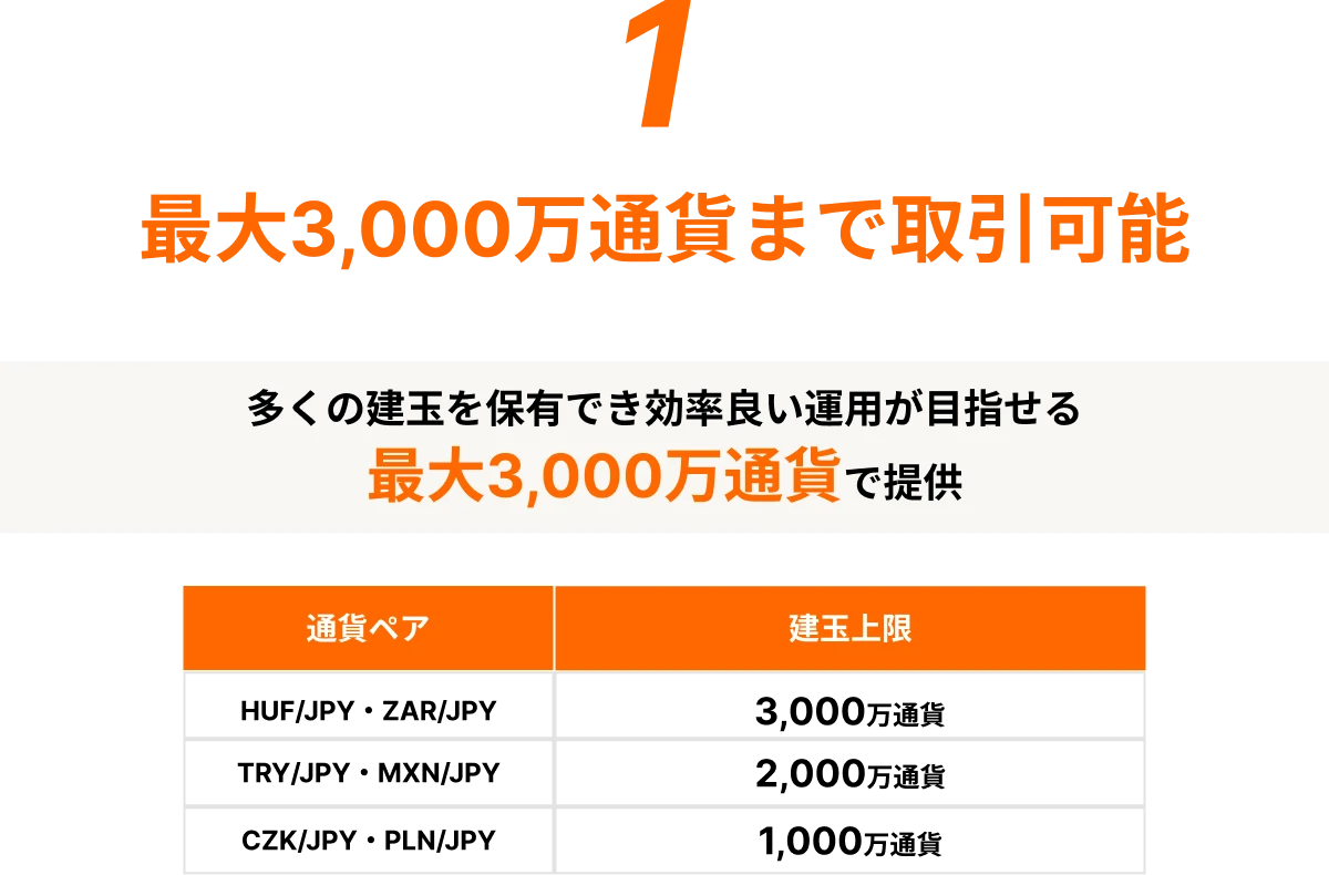 最大3,000万通貨まで取引可能 多くの建玉を保有でき効率良い運用が目指せる最大3,000万通貨で提供