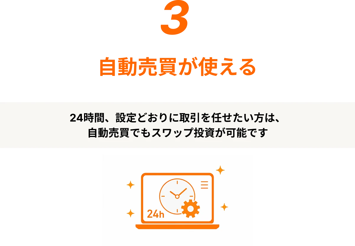 自動売買が使える 24時間、設定どおりに取引を任せたい方は、自動売買でもスワップ投資が可能です。