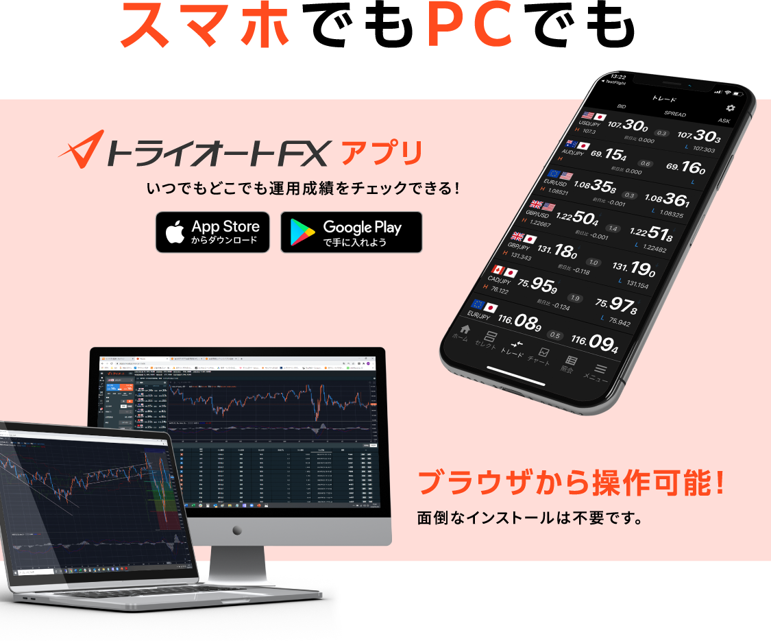 スマホでもPCでもトライオートFXアプリ いつでもどこでも運用成績をチェックできる！ ブラウザから操作可能！