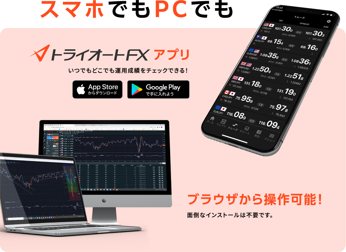 スマホでもPCでもトライオートFXアプリ いつでもどこでも運用成績をチェックできる！ ブラウザから操作可能！