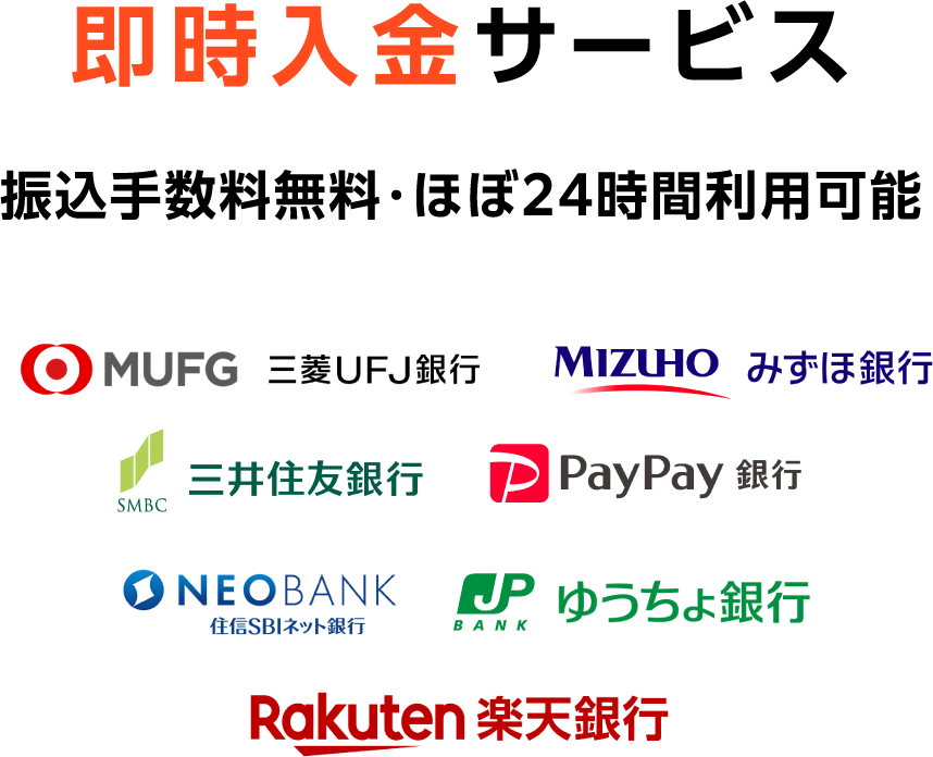 即時入金サービス 振込手数料無料・ほぼ24時間利用可能